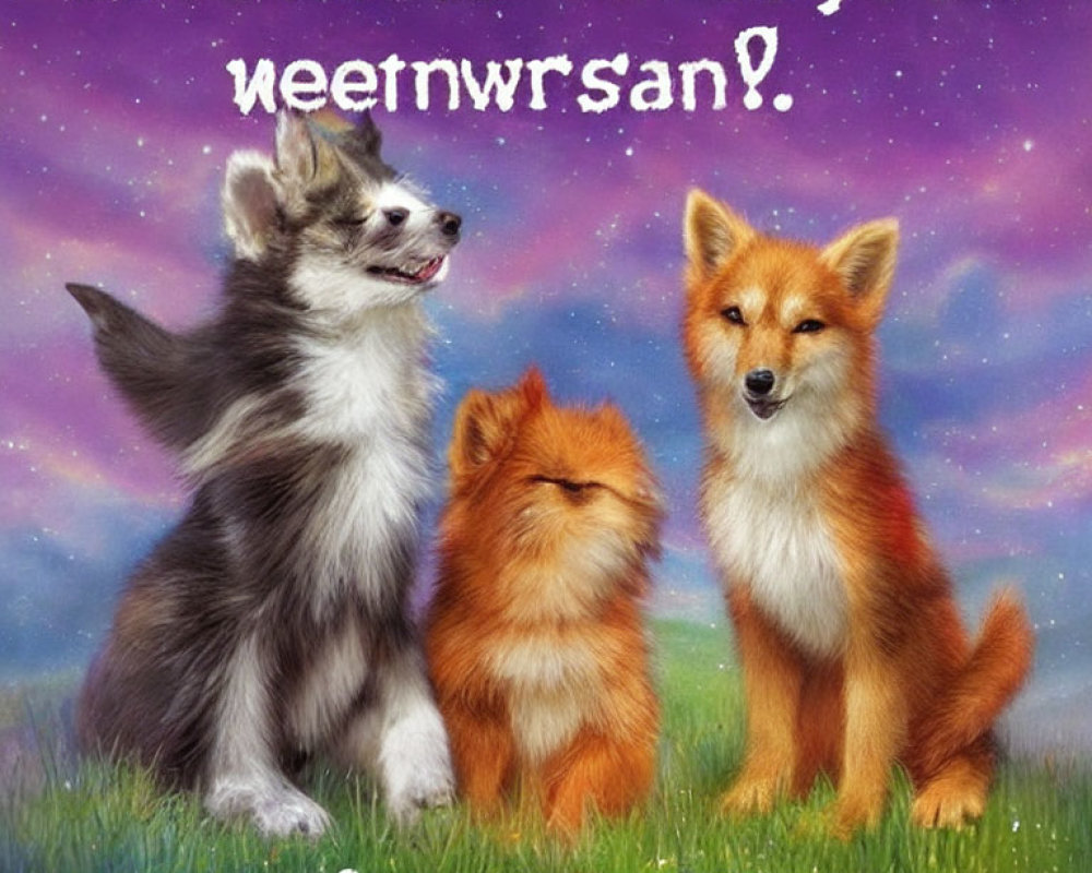 Three fluffy canines with whimsical phrase on starry backdrop