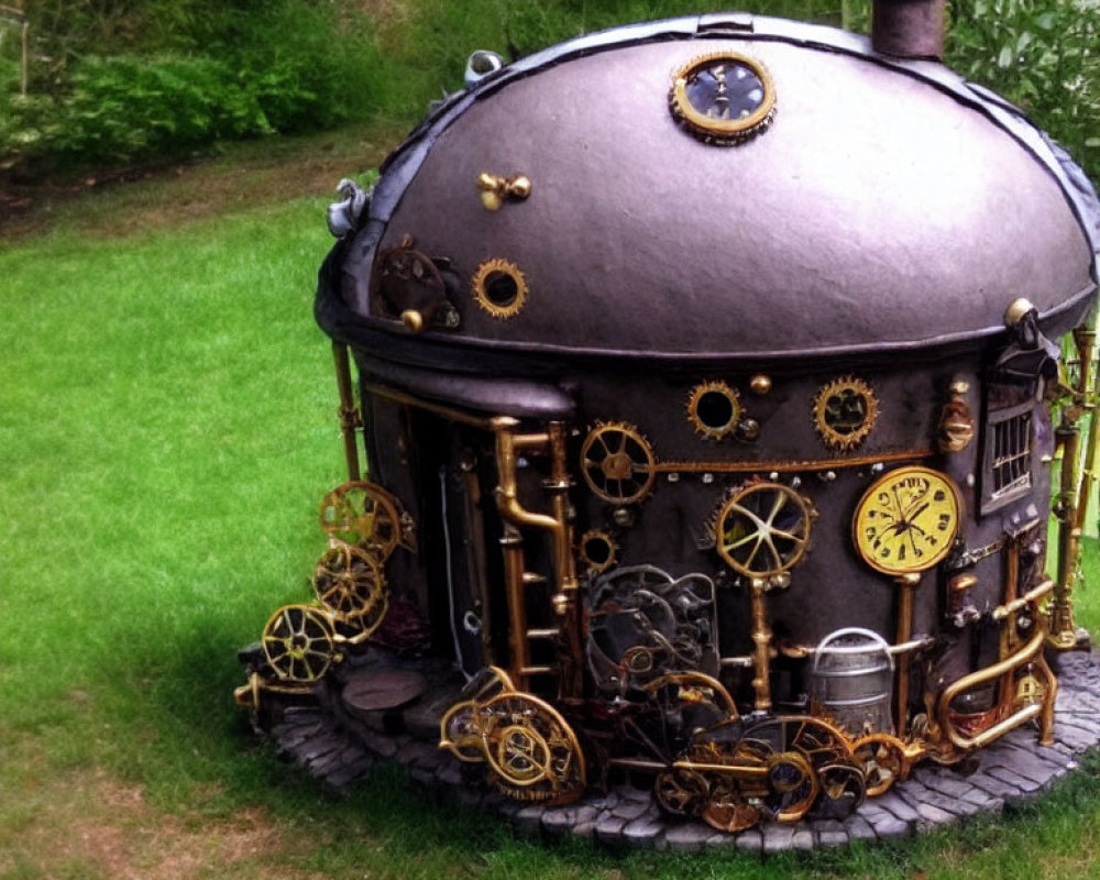 Steampunk-inspired dome structure in lush garden