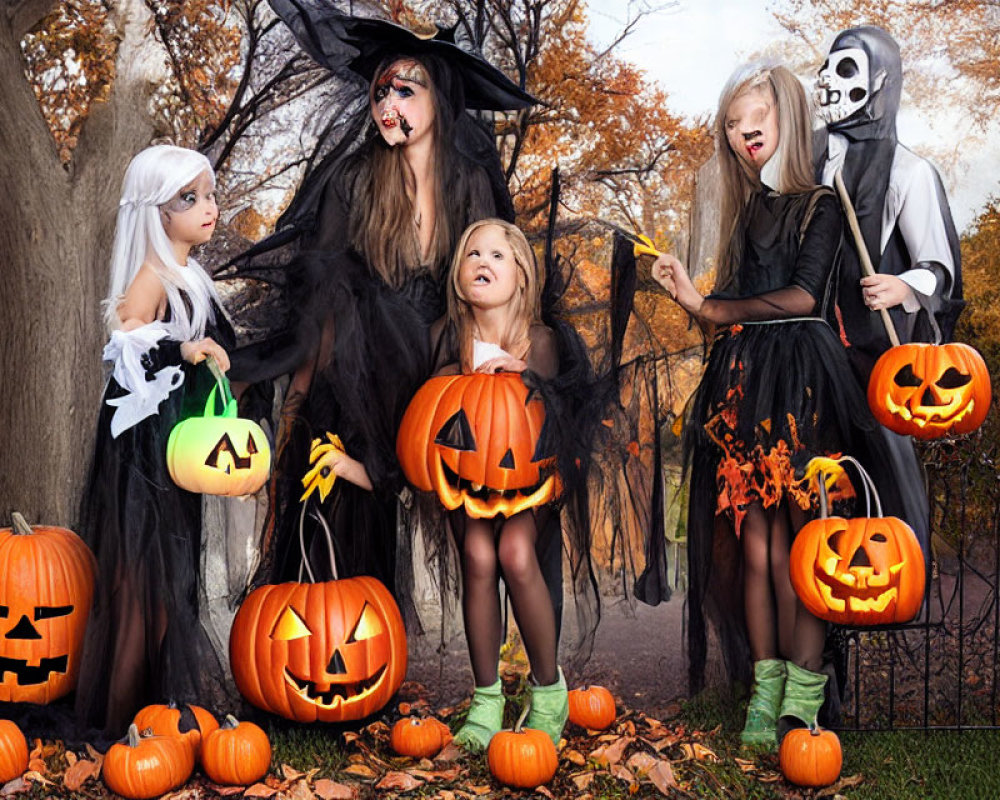 Children in Halloween costumes with carved pumpkins in autumn setting