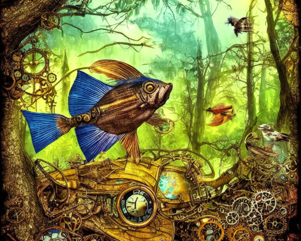 Steampunk fish with mechanical wings in forest setting