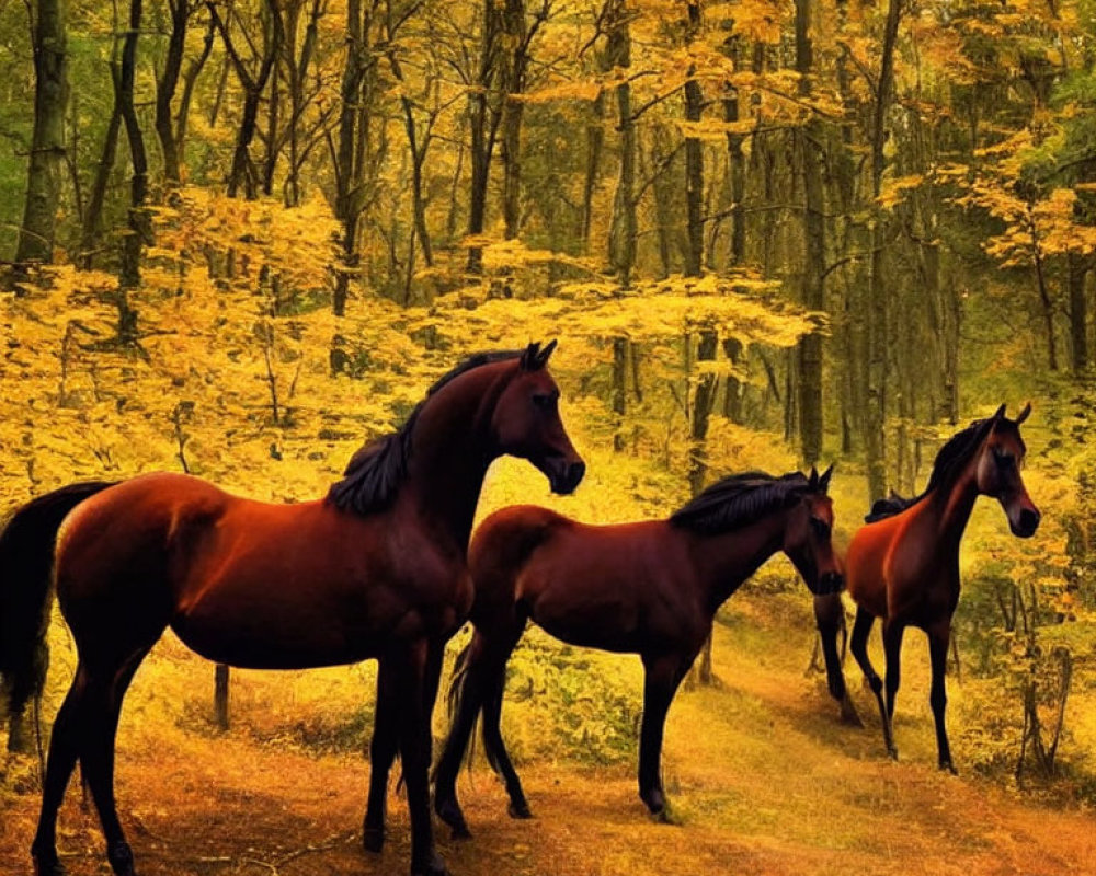 Three Horses in Golden Autumnal Forest