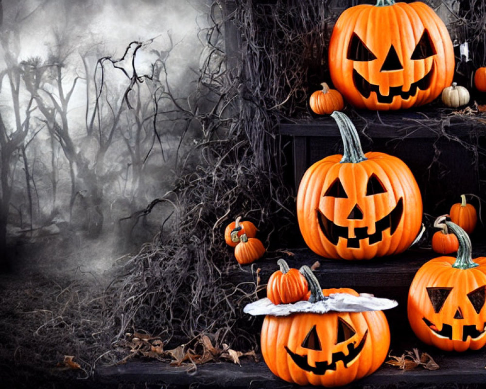 Glowing-eyed carved pumpkins in misty Halloween setting