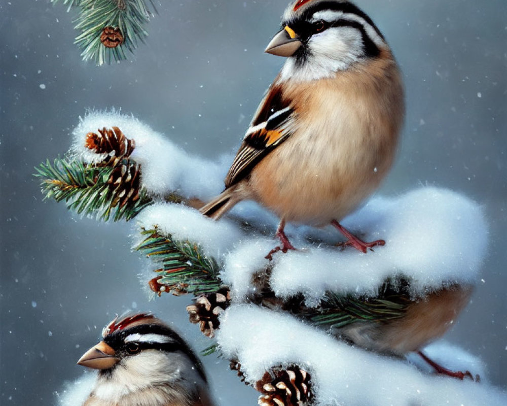 Three Sparrows on Snow-Covered Pine Branches in Gentle Snowfall