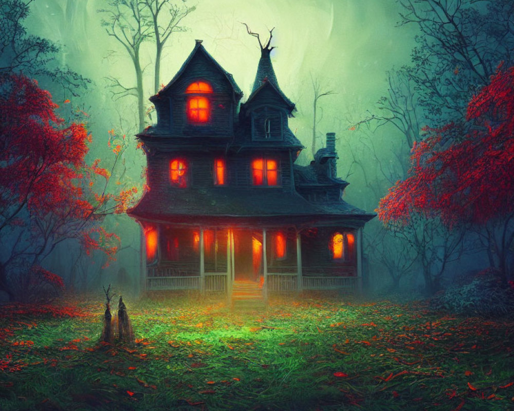 Spooky old house in misty forest with orange windows