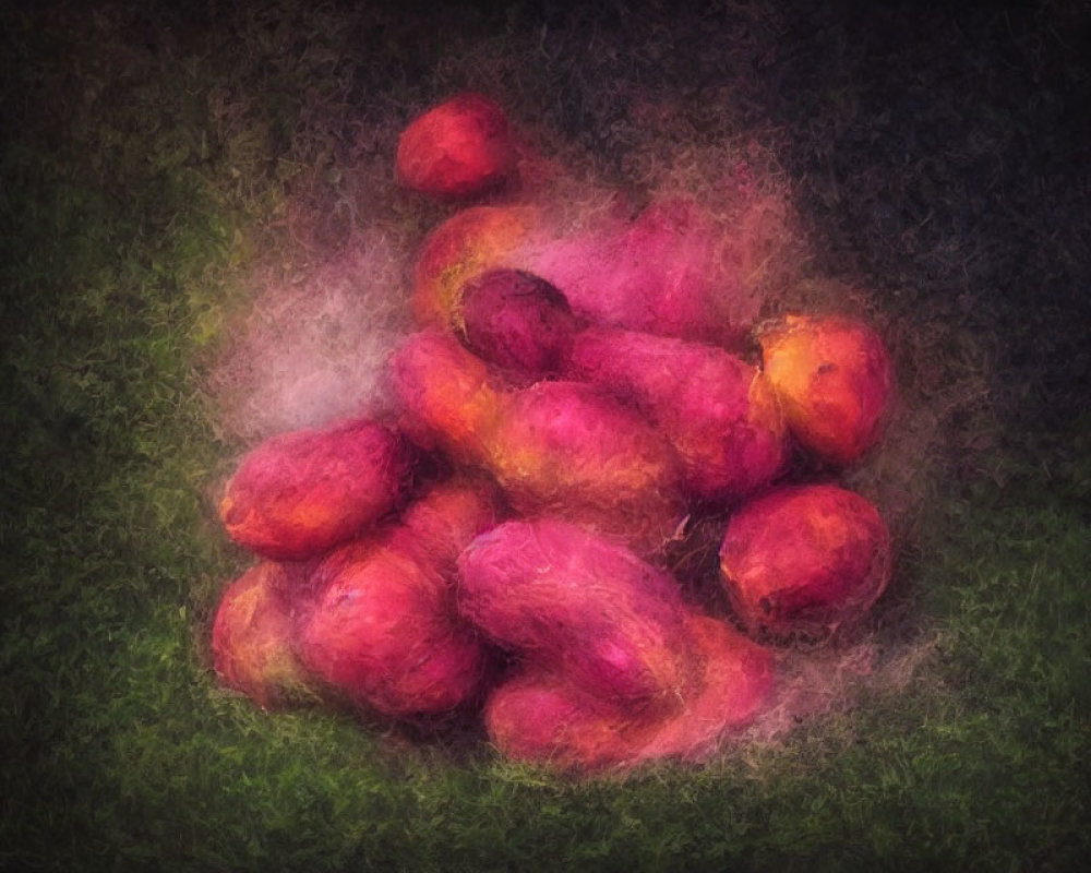 Vibrant red and yellow mangoes on dark, textured background