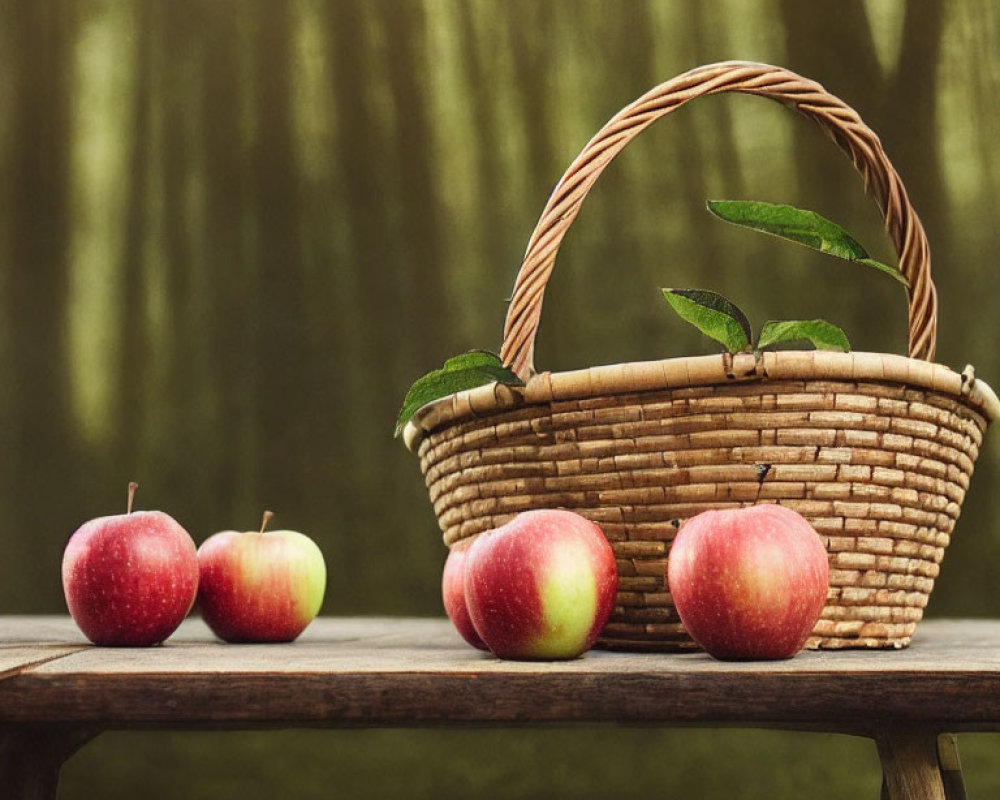 Wicker basket with leaves, red apples on wooden surface, green forest background