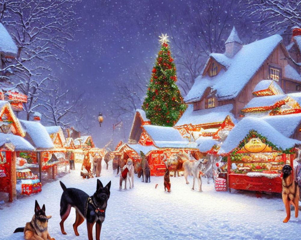 Snowy Christmas Market Night Scene with Decorated Stalls, Tall Tree, and German Shepherds