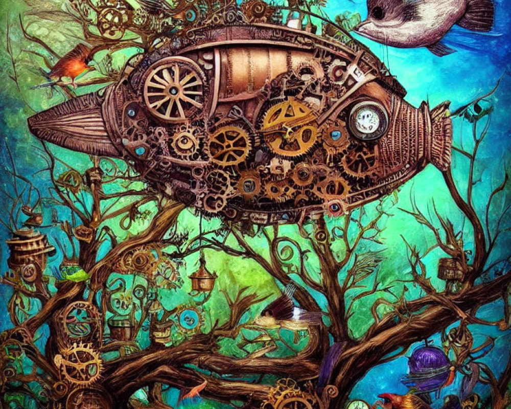 Steampunk-inspired artwork: Mechanical fish airship in tree with birds, surreal foliage, teal sky