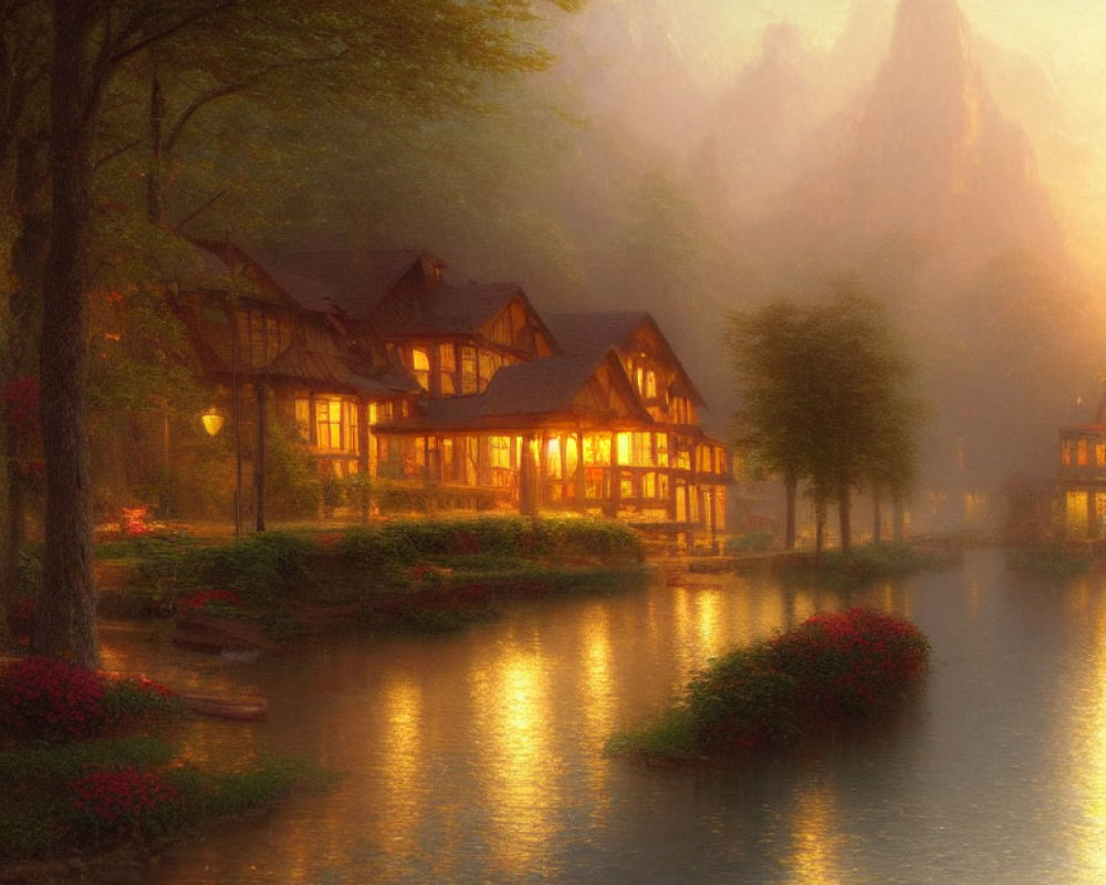 Tranquil Lake Dusk Wooden Cabins Surrounded by Trees