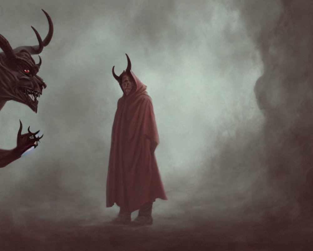 Red cloaked figure confronts menacing horned creature in misty setting