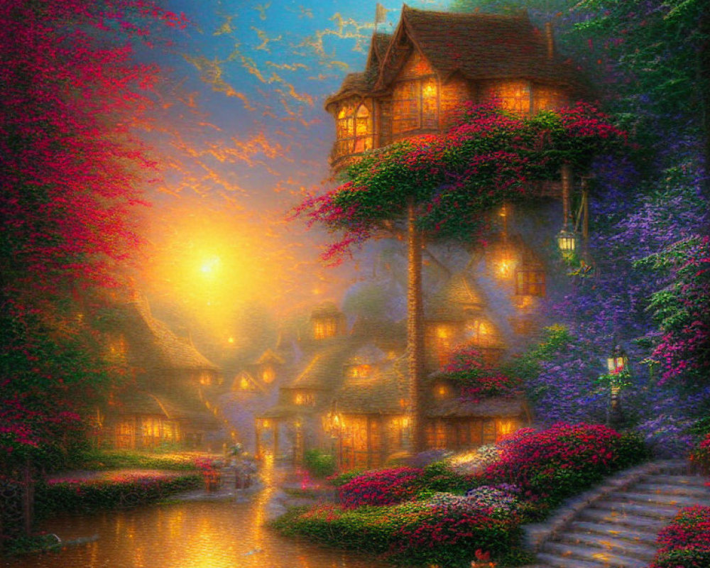 Enchanting illuminated village with cobblestone paths and cozy cottage