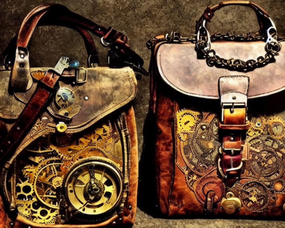 Steampunk-style bags with metallic gears and clockwork on textured backdrop