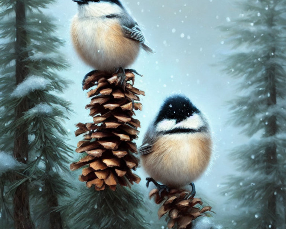 Fluffy chickadees on pine cones in snowy forest