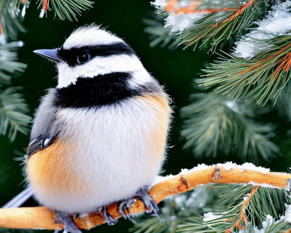 Black-Capped Chickadee on Frosty Pine Branch with Snowflakes