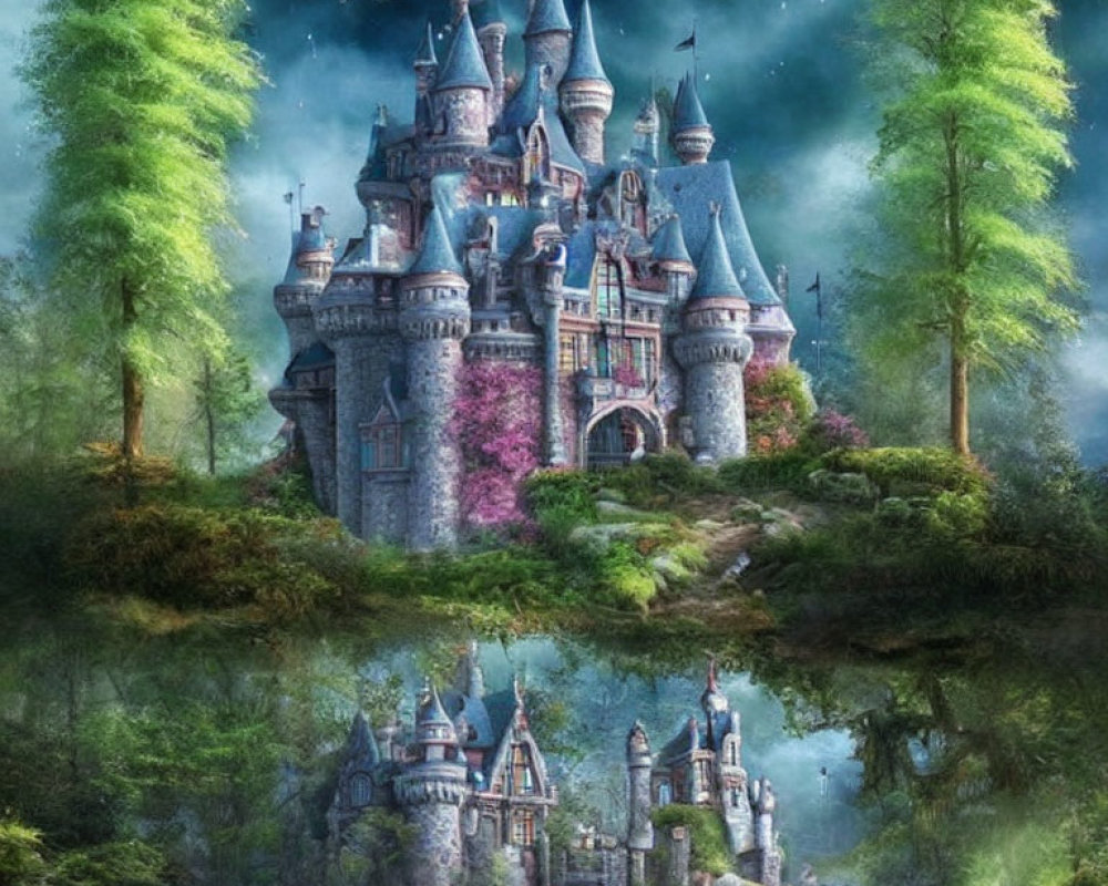 Symmetrical fairy-tale scene: Castle in forest by tranquil lake