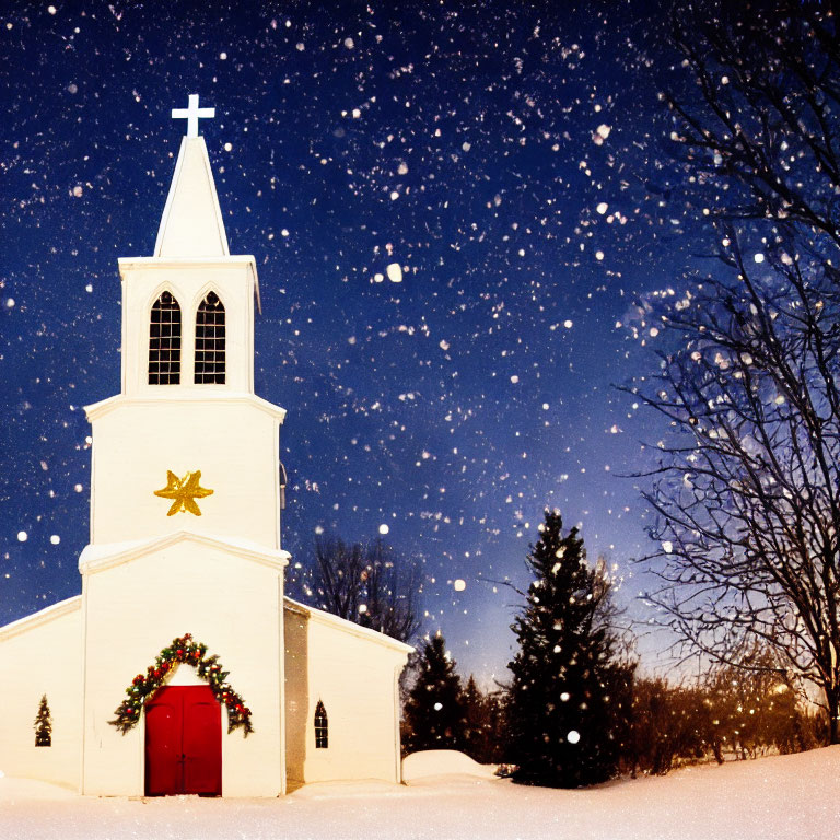 White church with wreath and star under starry snowy night.