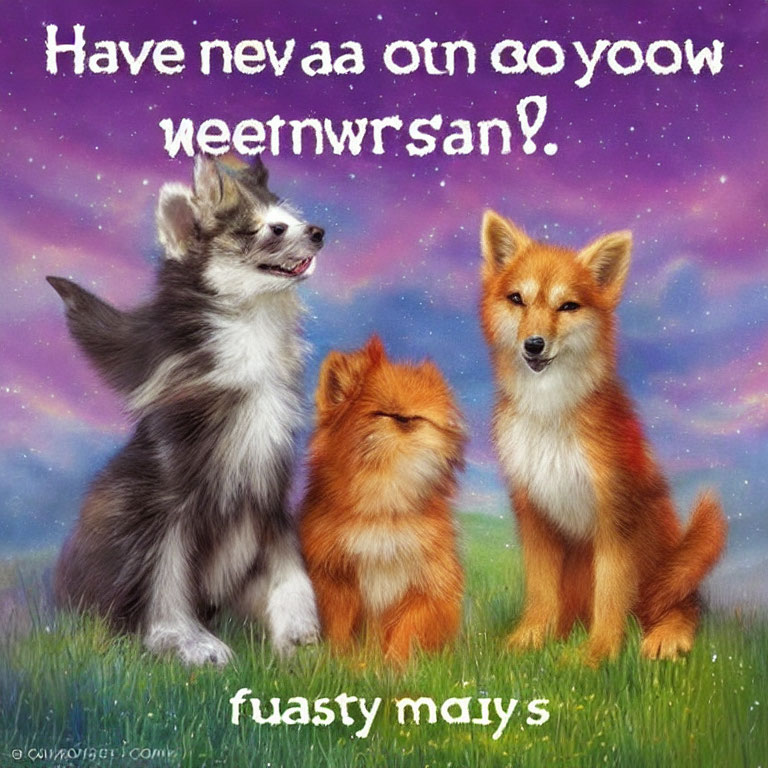 Three fluffy canines with whimsical phrase on starry backdrop