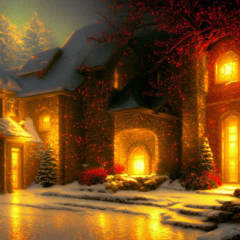 Cozy House with Festive Lights in Snowy Twilight