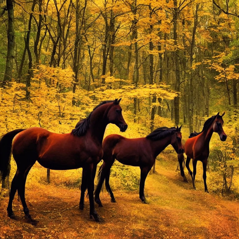 Three Horses in Golden Autumnal Forest