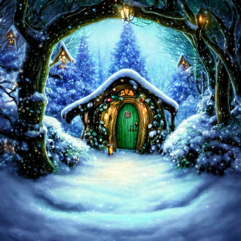 Snow-covered hobbit-style round door in whimsical winter scene