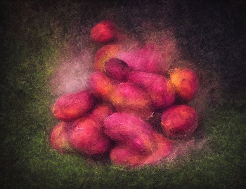 Vibrant red and yellow mangoes on dark, textured background