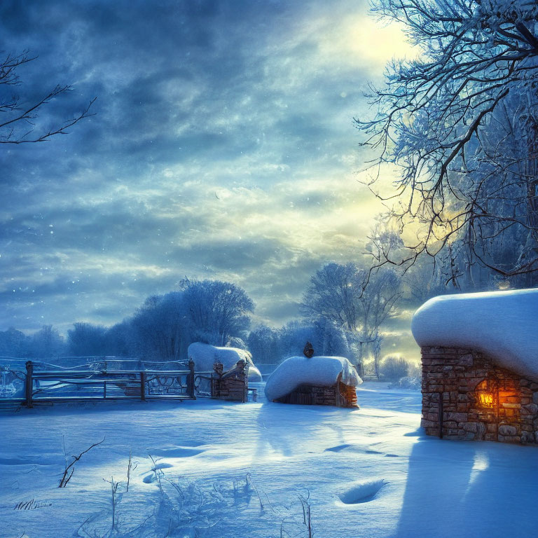 Snow-covered stone cottage and trees in tranquil winter dusk scene