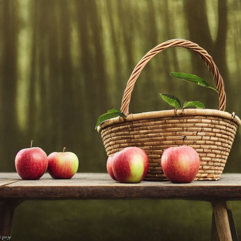 Wicker basket with leaves, red apples on wooden surface, green forest background