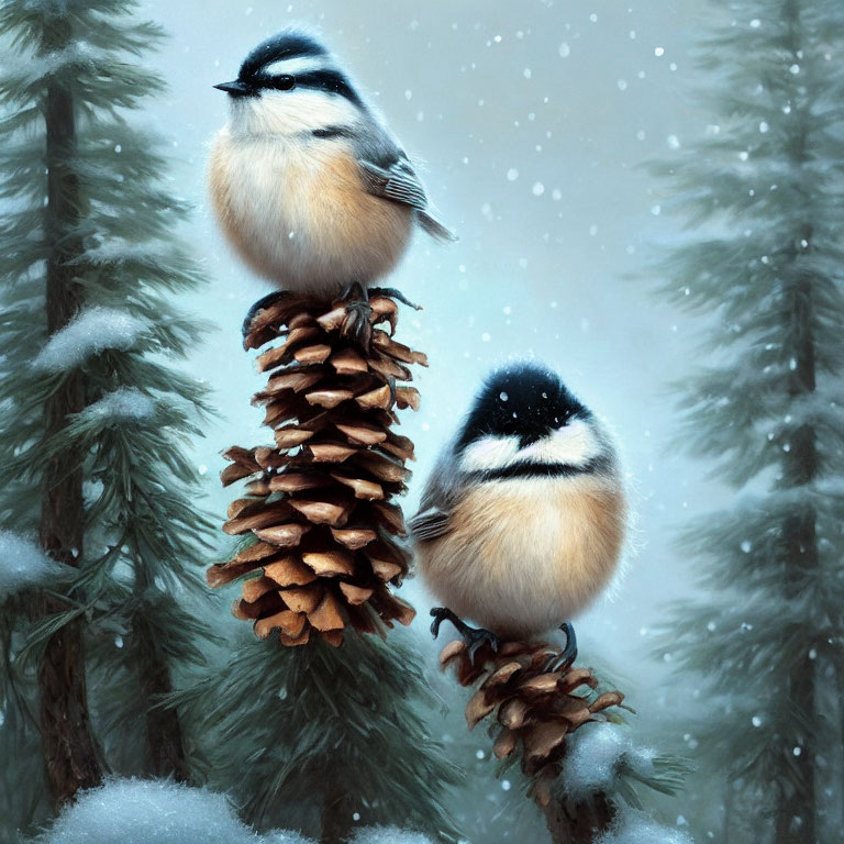 Fluffy chickadees on pine cones in snowy forest