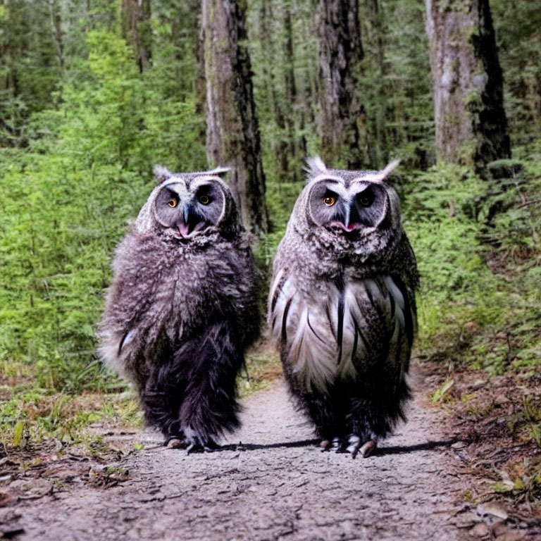 Pair of owls on forest path, gazing at camera amid lush green trees