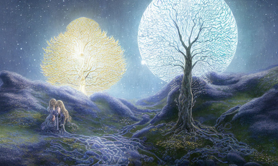 Fantasy night landscape with glowing orbs, two trees, and cloaked figure