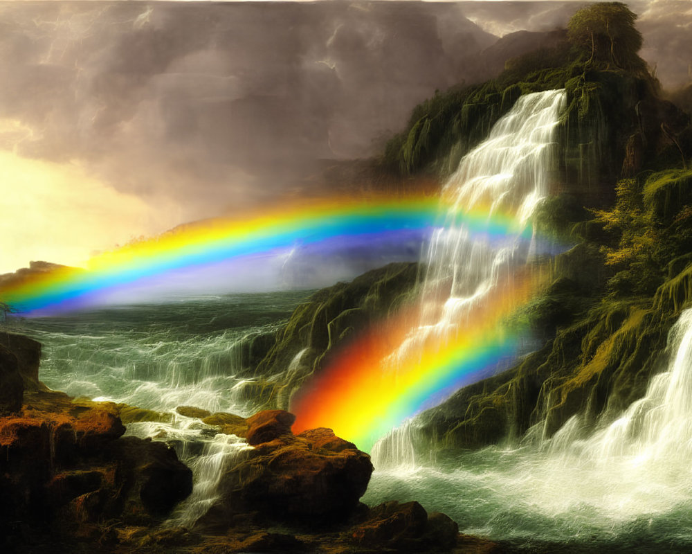 Scenic landscape: waterfall, rainbow, dramatic clouds