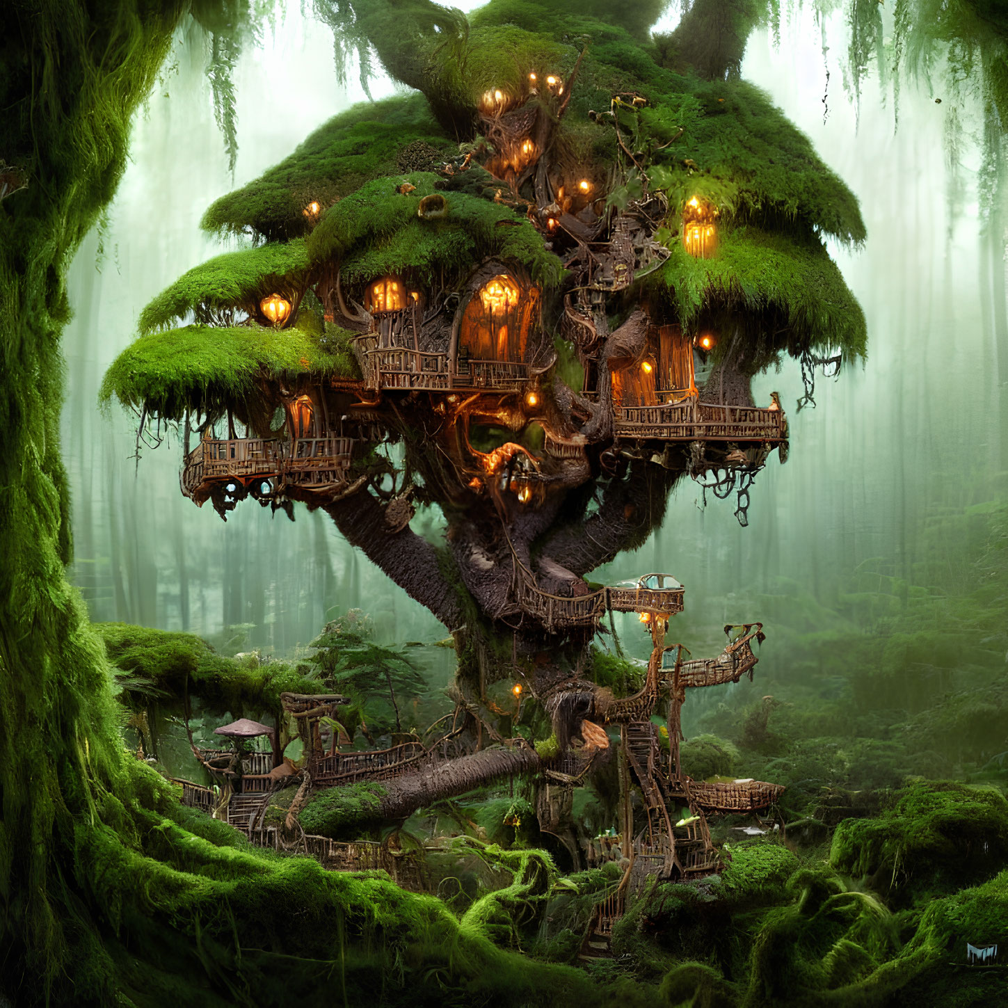 Enchanted treehouse with wooden platforms and lit lanterns in lush, mossy forest