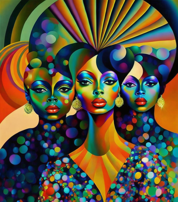 Vibrant stylized artwork featuring three women with exaggerated features