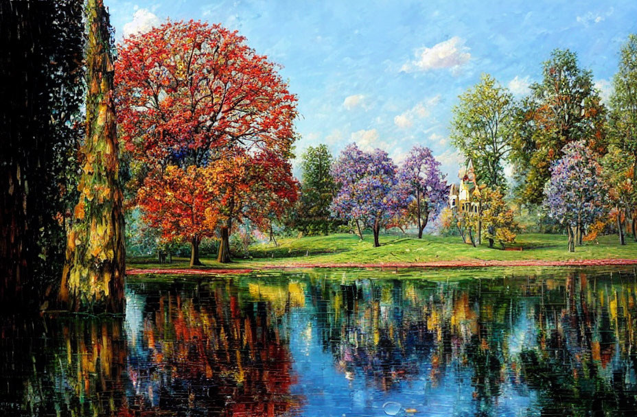 Colorful autumn landscape with lake and house under blue sky