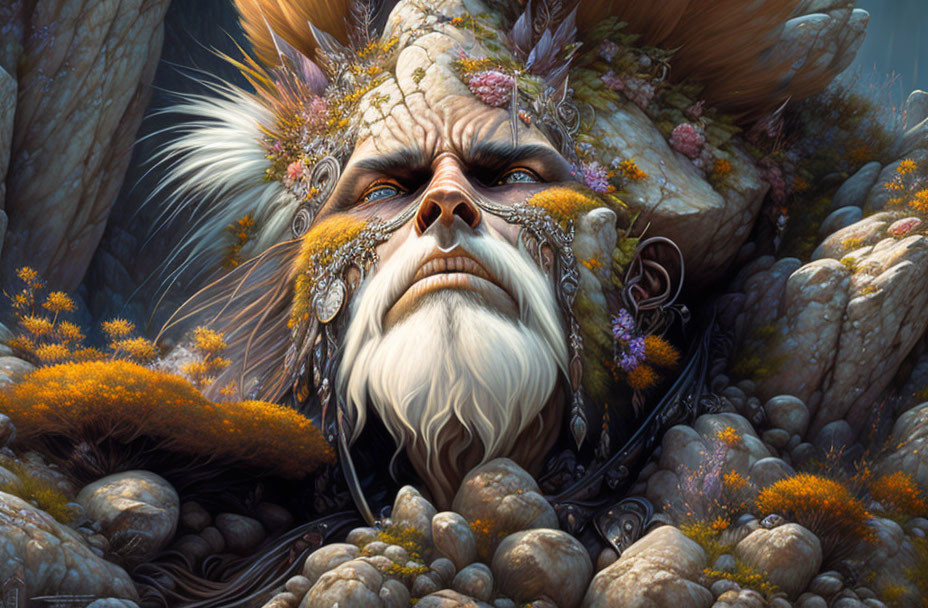 Fantastical elder with stone-like features in forest setting