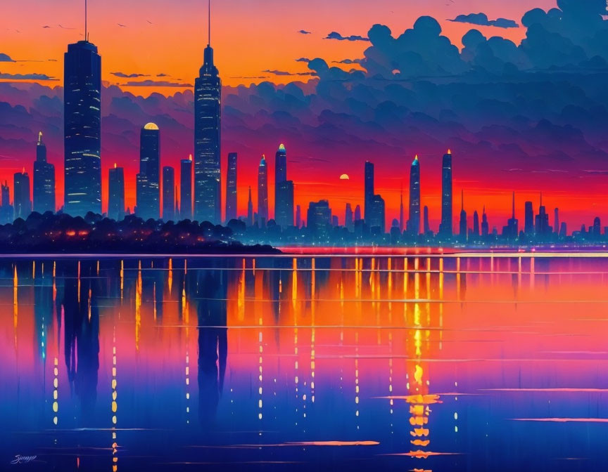 City skyline reflected in calm waters at sunset with vibrant hues