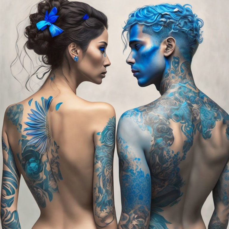 Individuals with intricate blue tattoos and blue-painted hair.