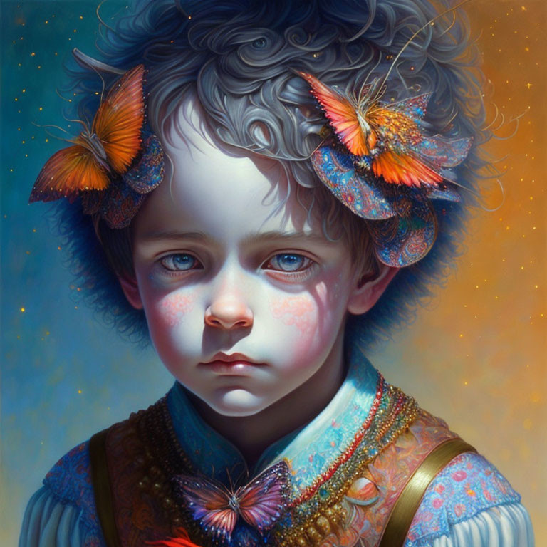 Portrait of young child with blue eyes and curly hair adorned with colorful butterflies, wearing ornate shirt