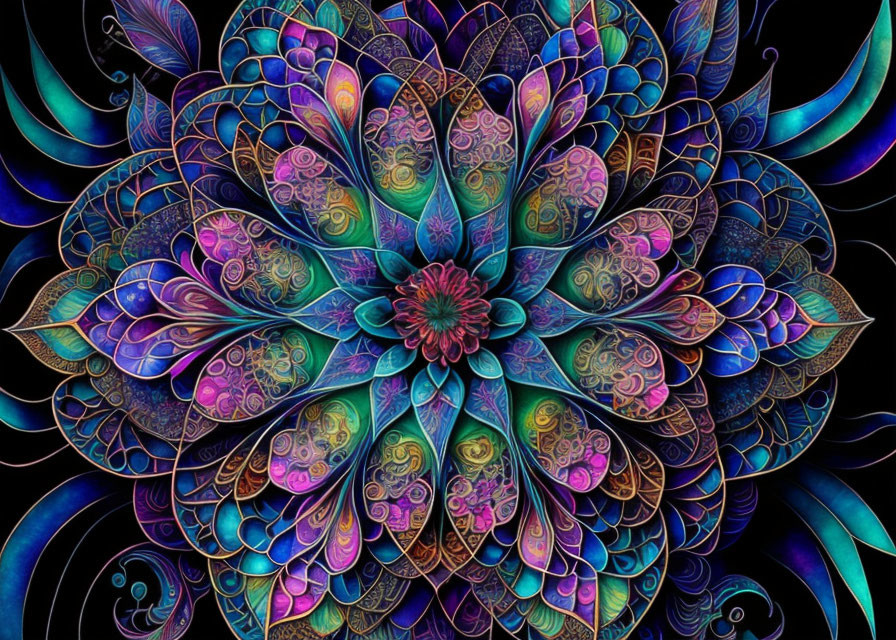 Symmetrical mandala digital artwork with vibrant blues, purples, and pinks