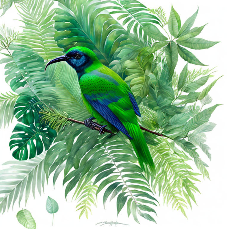 Colorful Bird with Green and Blue Plumage on Branch in Tropical Setting