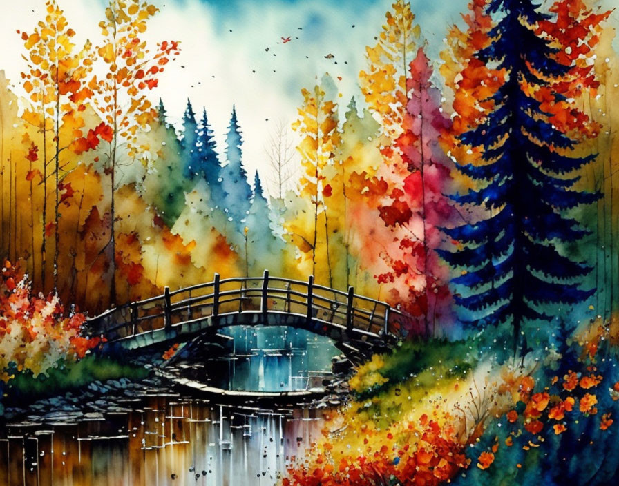 Vivid Autumn Forest Watercolor Painting