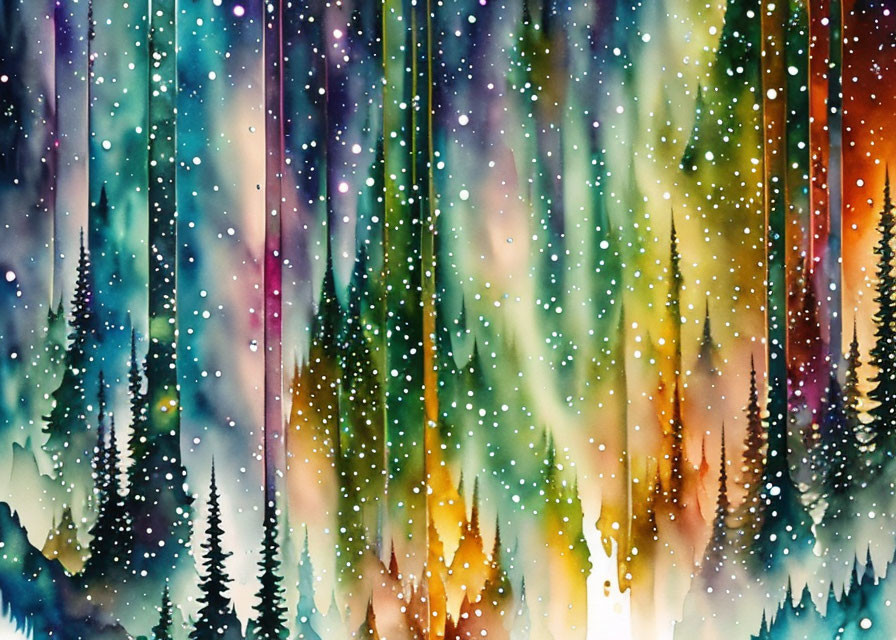 Colorful Abstract Forest Watercolor Painting with Pine Trees and Starry Sky