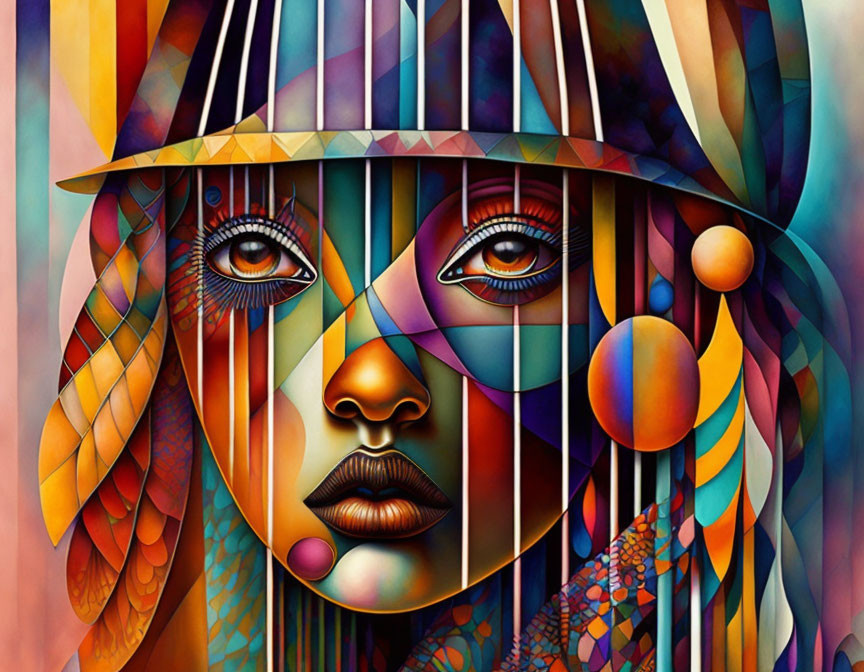 Vibrant geometric portrait of a woman with abstract patterns