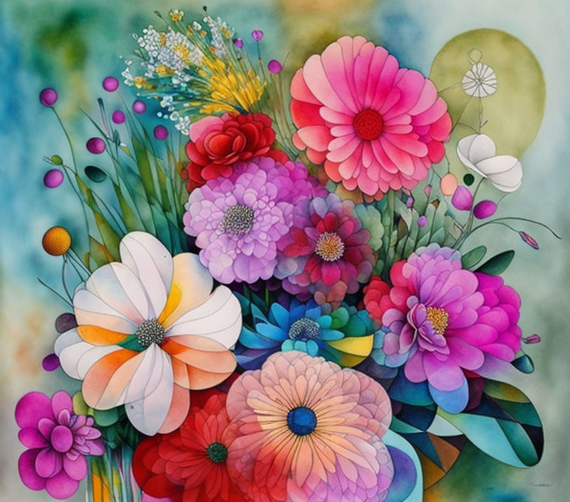 Colorful Watercolor Painting of Stylized Flower Bouquet