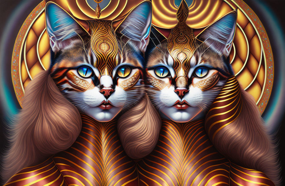 Symmetrical cats with vibrant blue eyes on swirling background