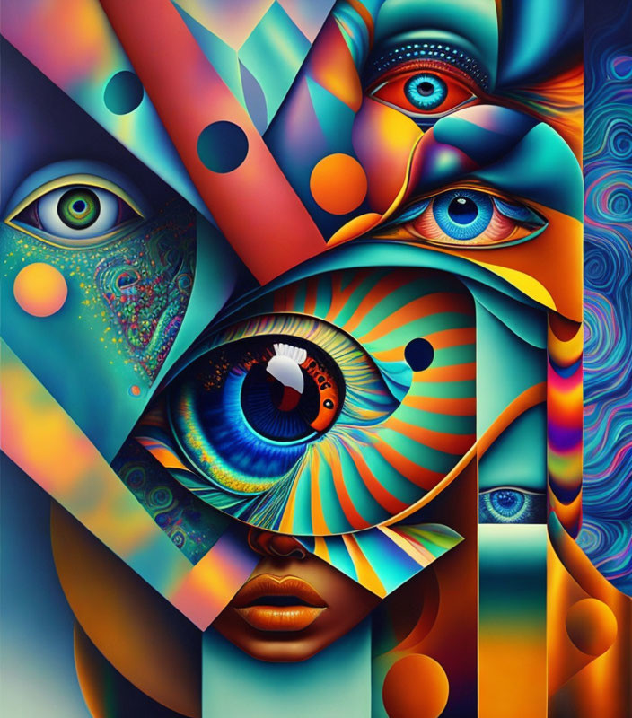 Colorful Surrealist Painting with Multiple Eyes and Abstract Facial Features