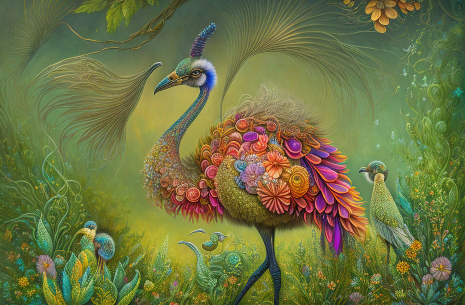 Colorful Peacock Artwork with Floral Patterns on Green Background