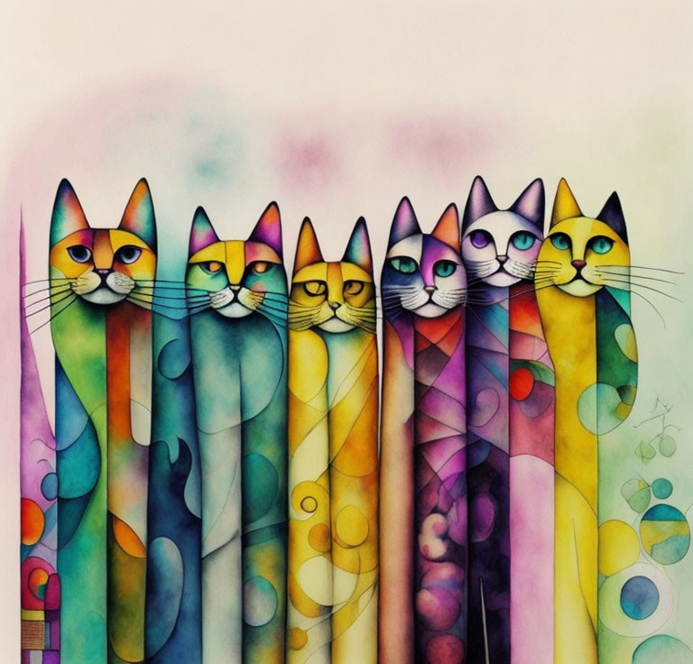 Vibrant painting of seven cats with abstract patterns on soft watercolor background