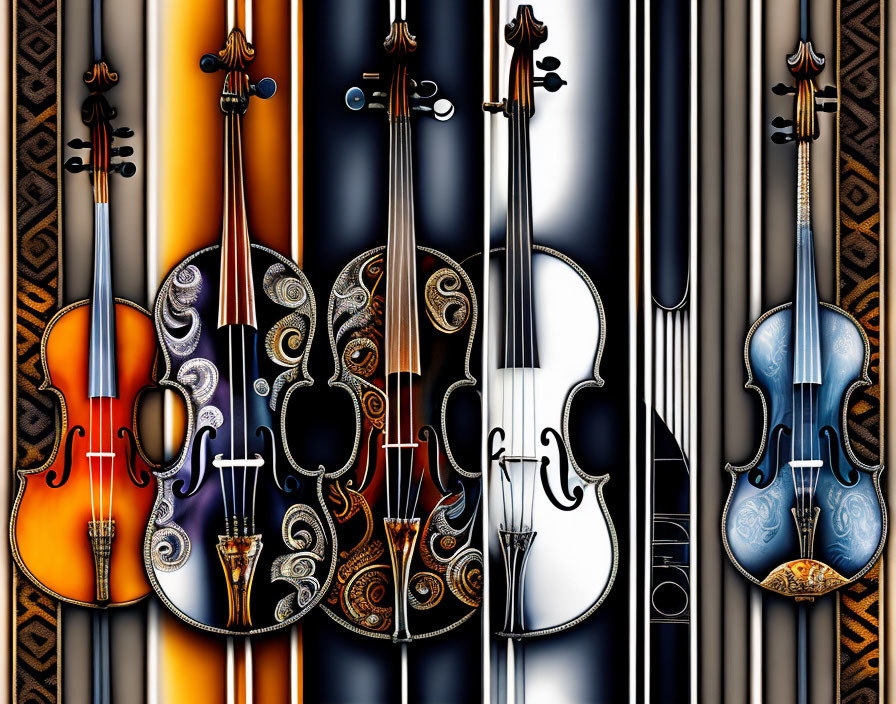 Six Colorful Violins Displayed in Artistic Designs on Patterned Background