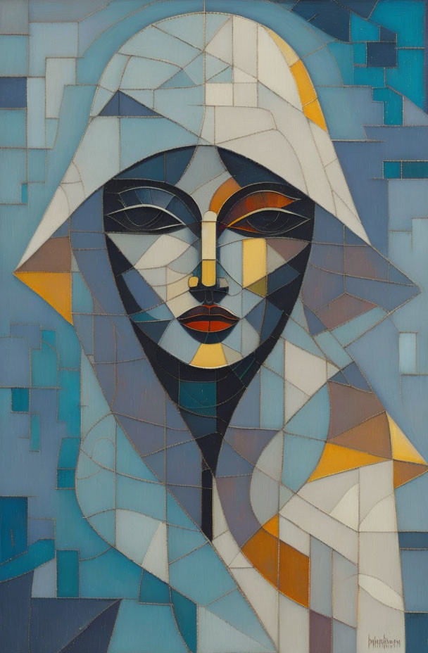 Geometric abstract painting of woman's face in blues, creams, and gray.